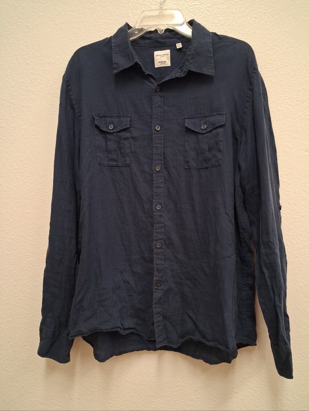 Baird McNutt 100% Linen Navy Button Down Shirt Slim Fit Long Sleeve Men's XL